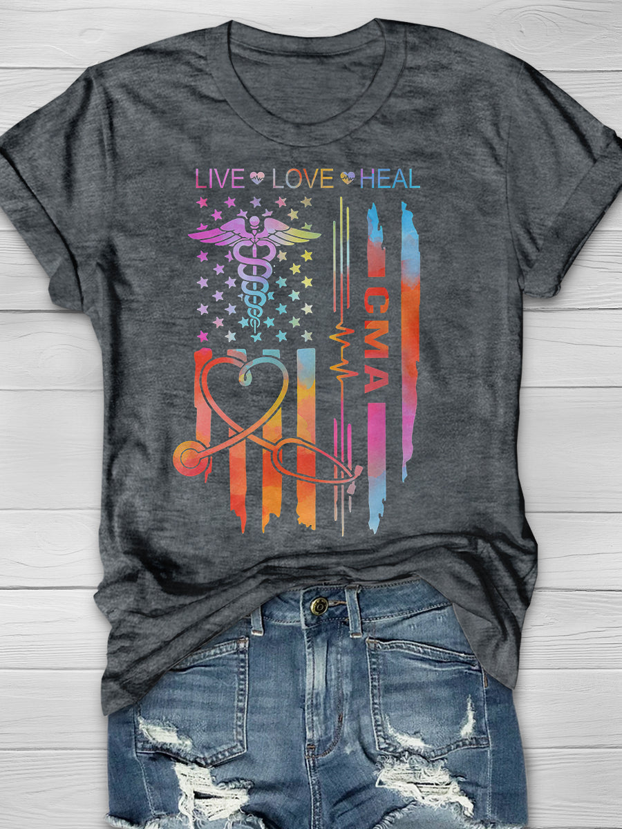 CMA Nurse US Flag Print Short Sleeve T-shirt