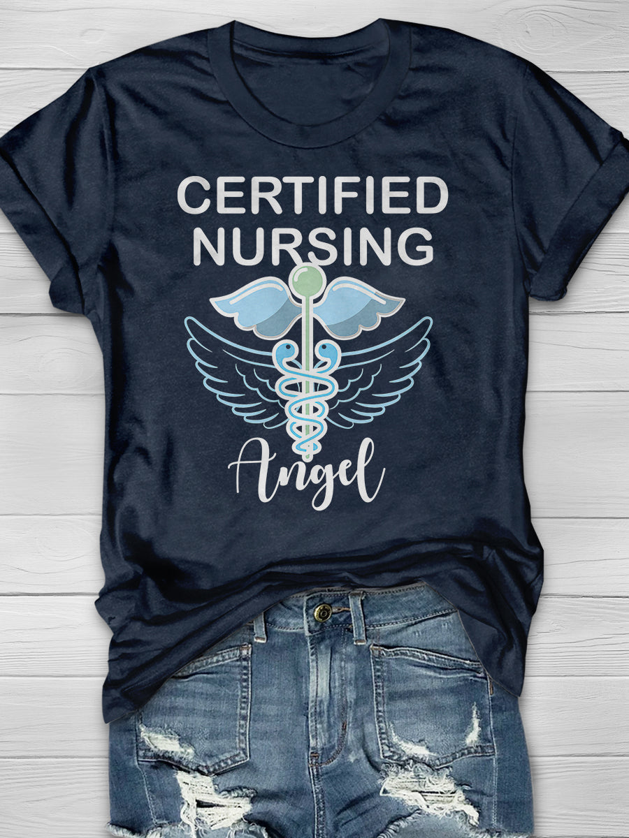 Certified Nursing Angel Print Short Sleeve T-shirt