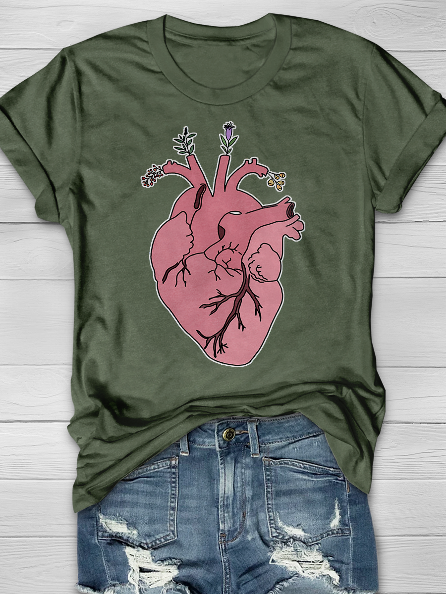 Anatomical Heart With Flowers Print T-shirt