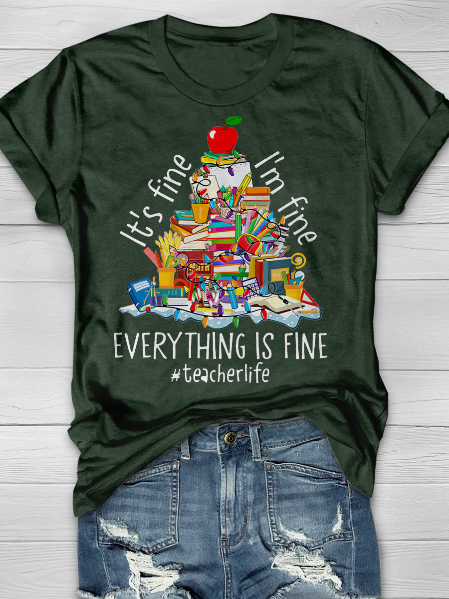 Everything Is Fine Teacher Christmas Tree Print Graphic T-shirts
