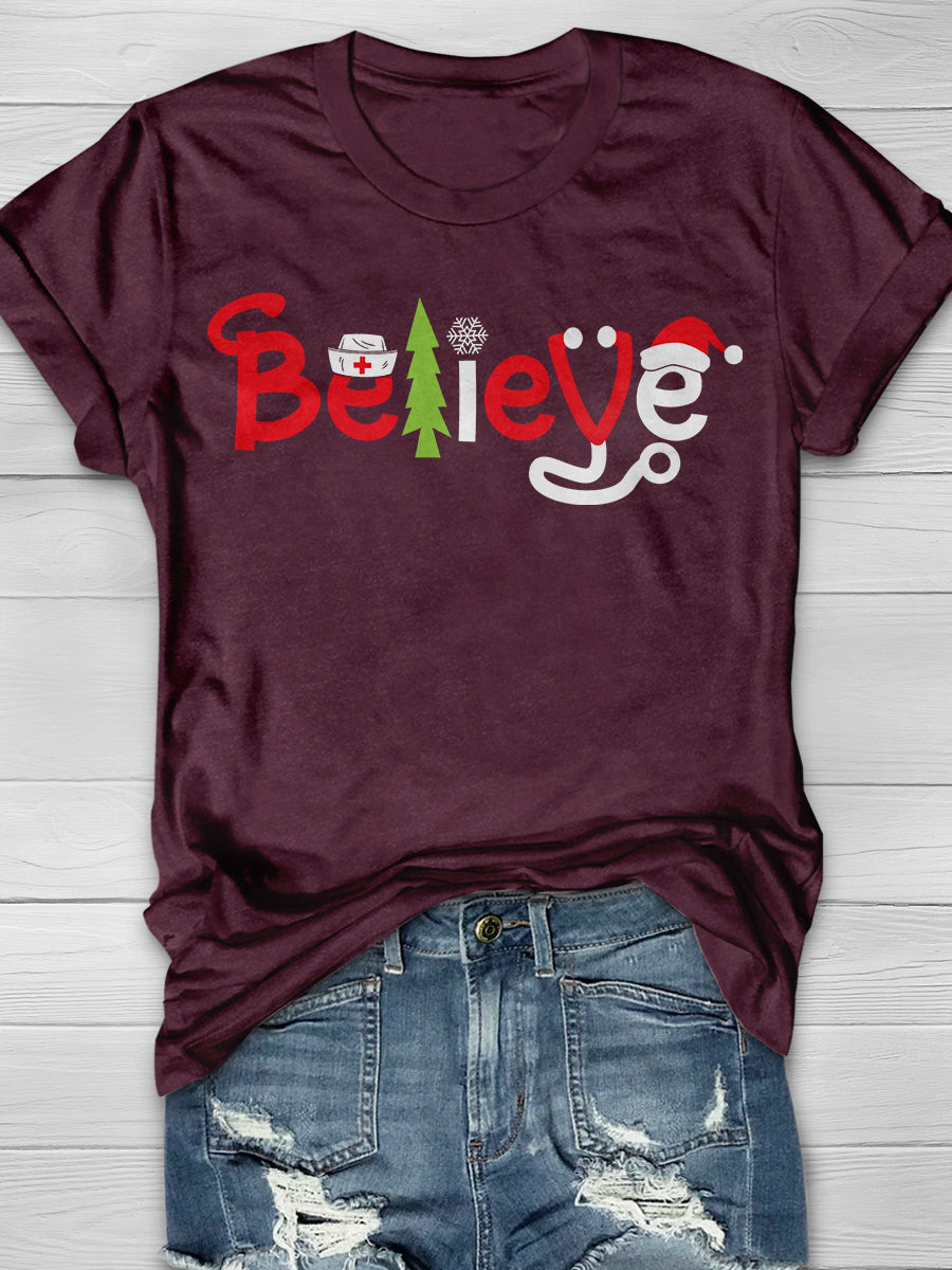 Christmas Nurse Believe Print Short Sleeve T-shirt