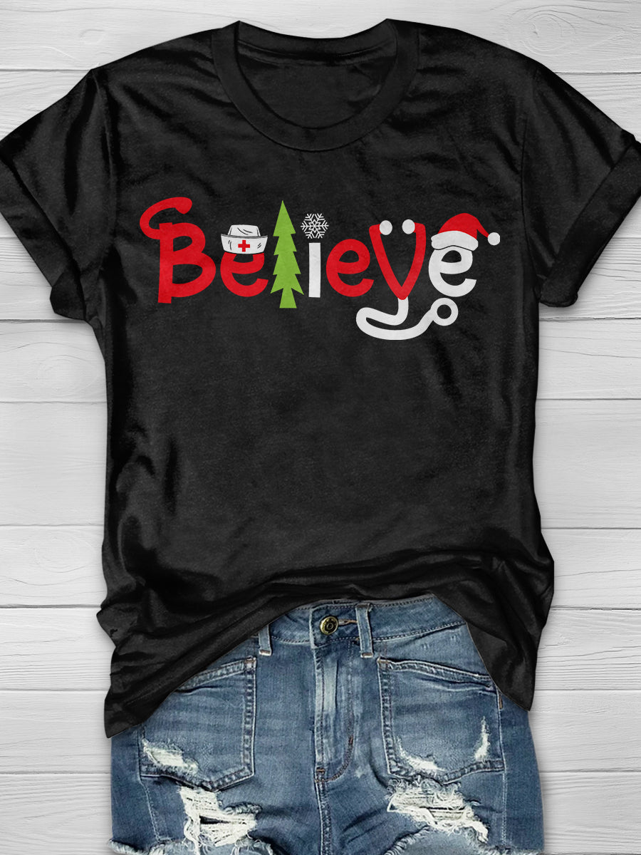 Christmas Nurse Believe Print Short Sleeve T-shirt