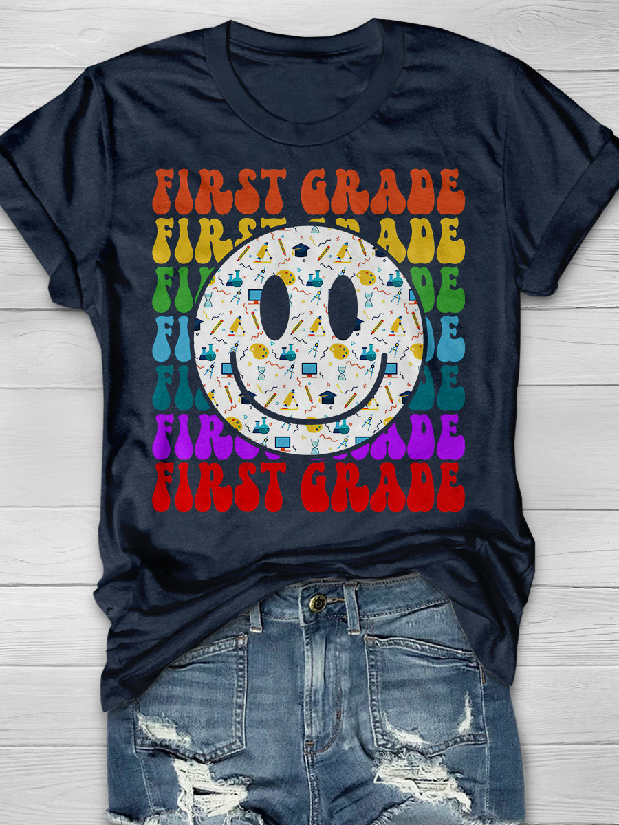 First Grade Happy Face Teacher Print Graphic T-shirts