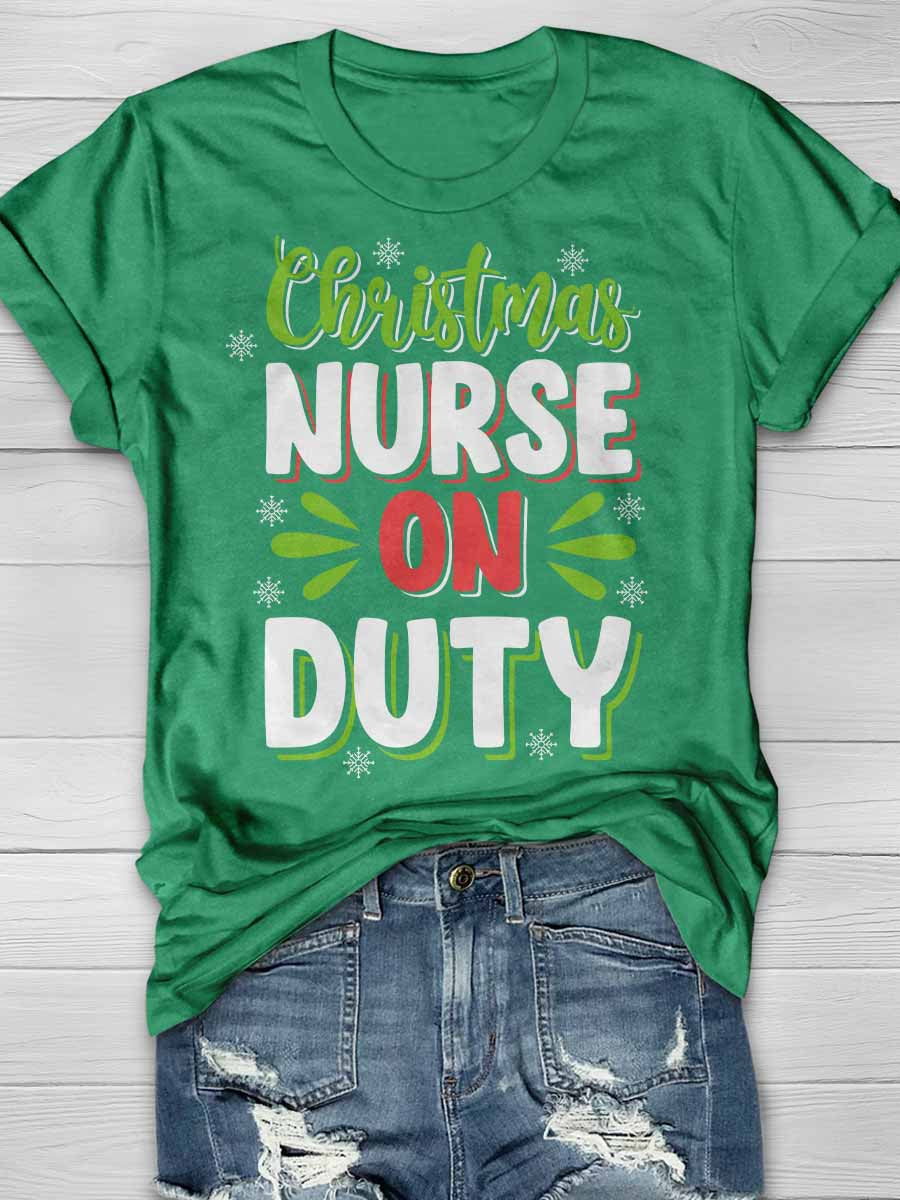 Christmas Nurse On Duty Print Short Sleeve T-shirt