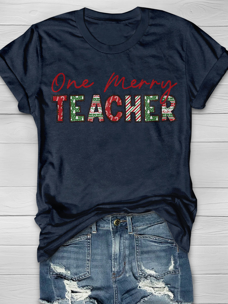 Retro One Merry Teacher Print Graphic T-shirts