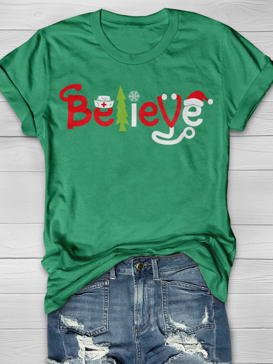 Christmas Nurse Believe Print Short Sleeve T-shirt