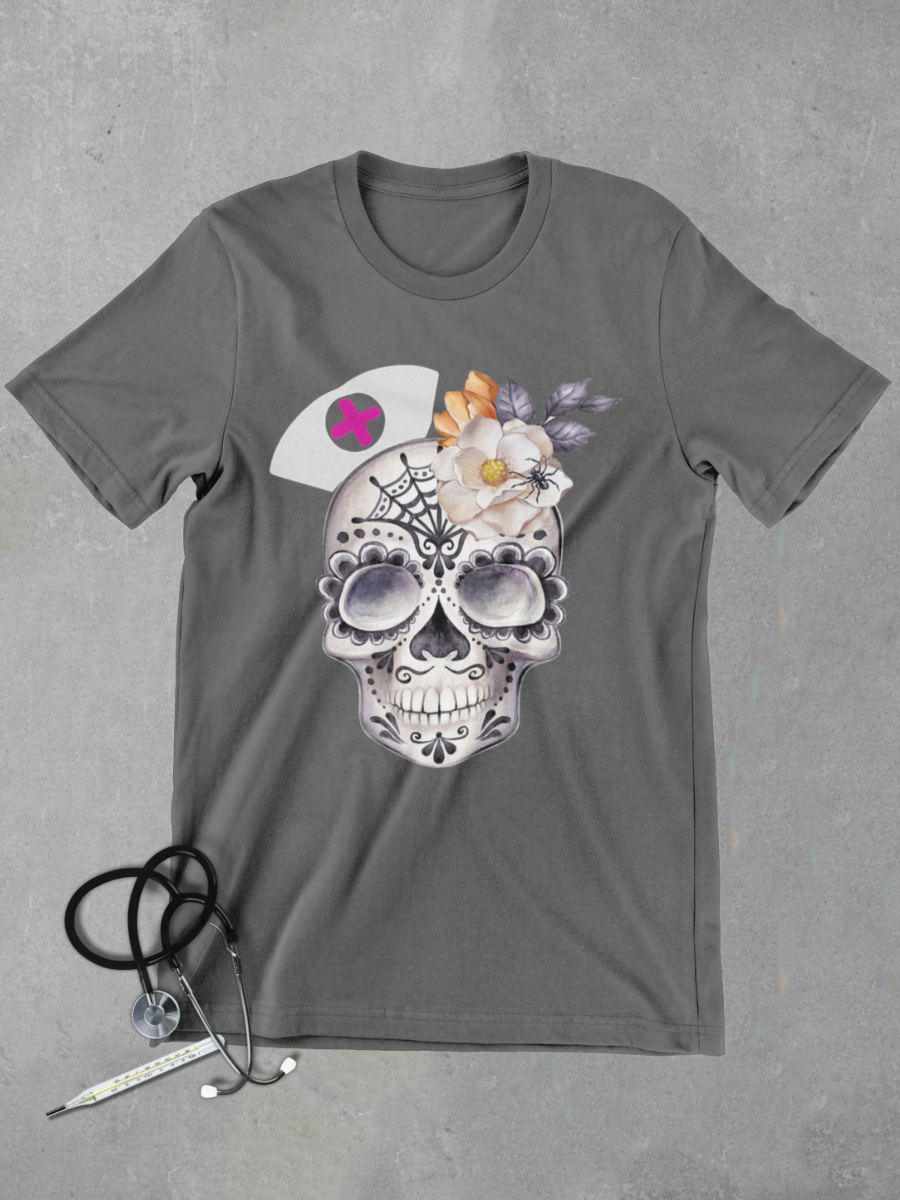 Vintage Skeleton Floral Nurse Graphic T-shirt