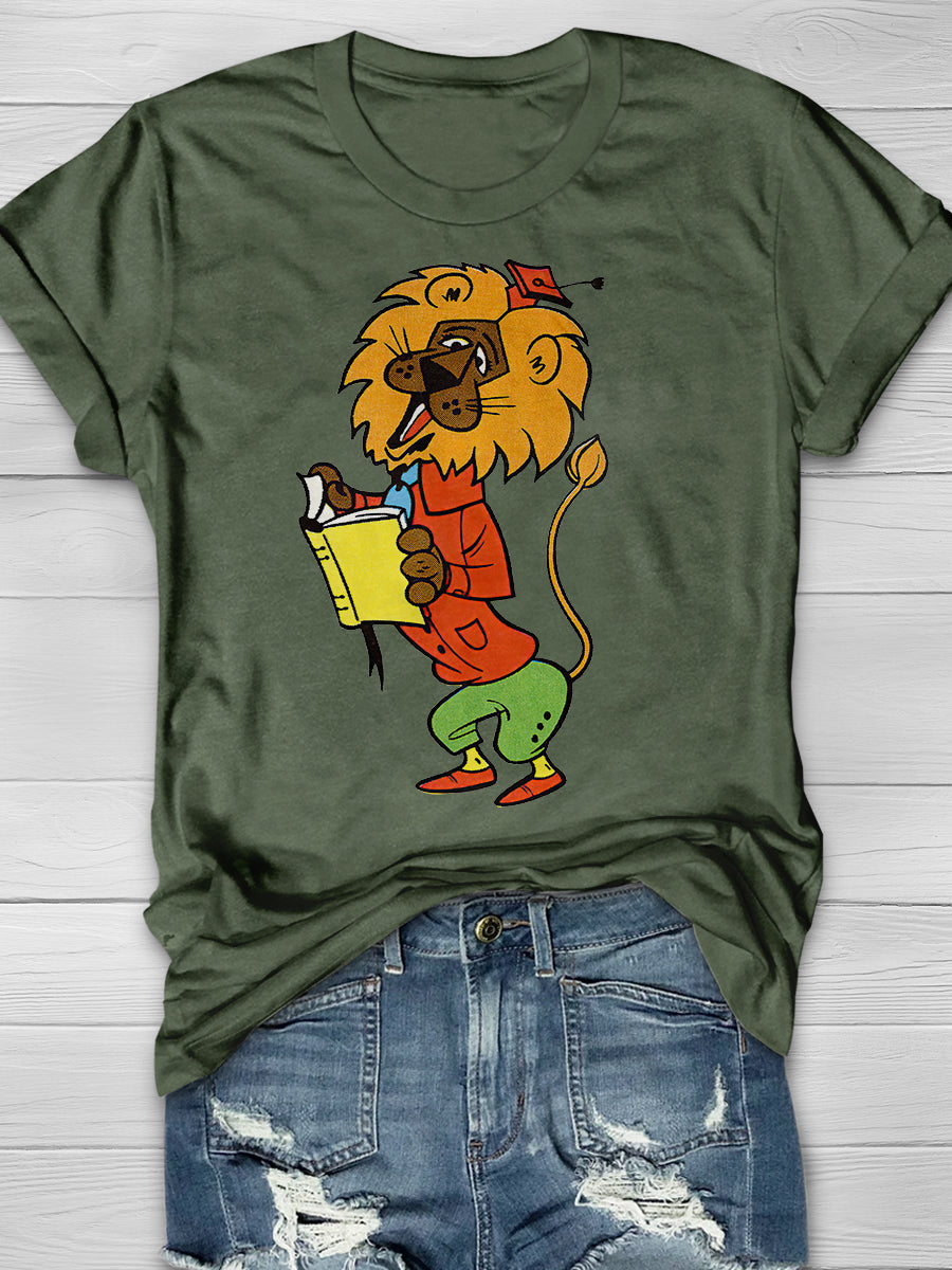 Lion Reading a Book Print Graphic T-shirts
