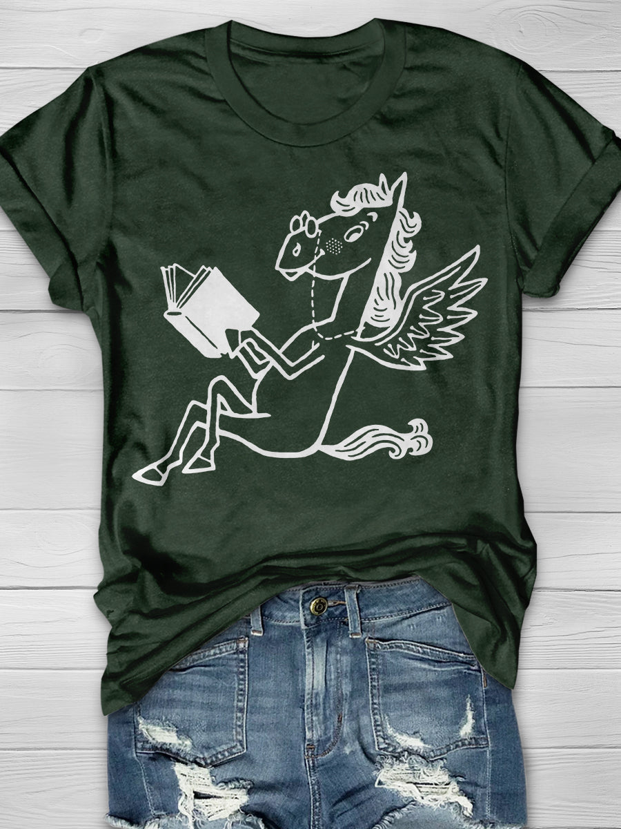 Pegasus Reading Book Print Graphic T-shirts