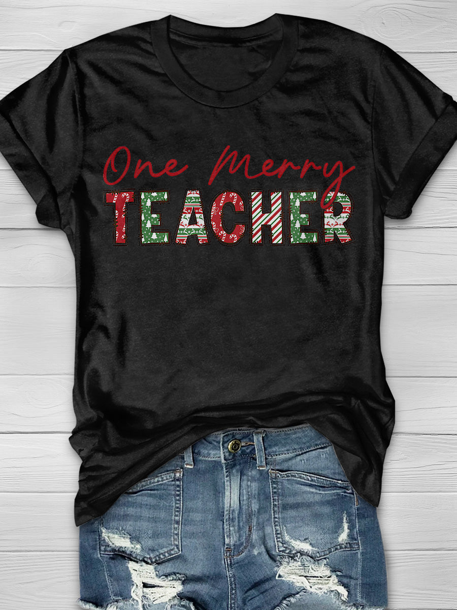 Retro One Merry Teacher Print Graphic T-shirts