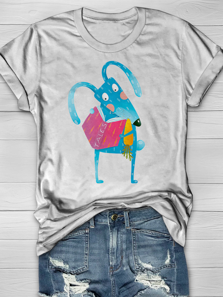Cartoon Blue Bunny Reading Book Eating Print Graphic T-shirts