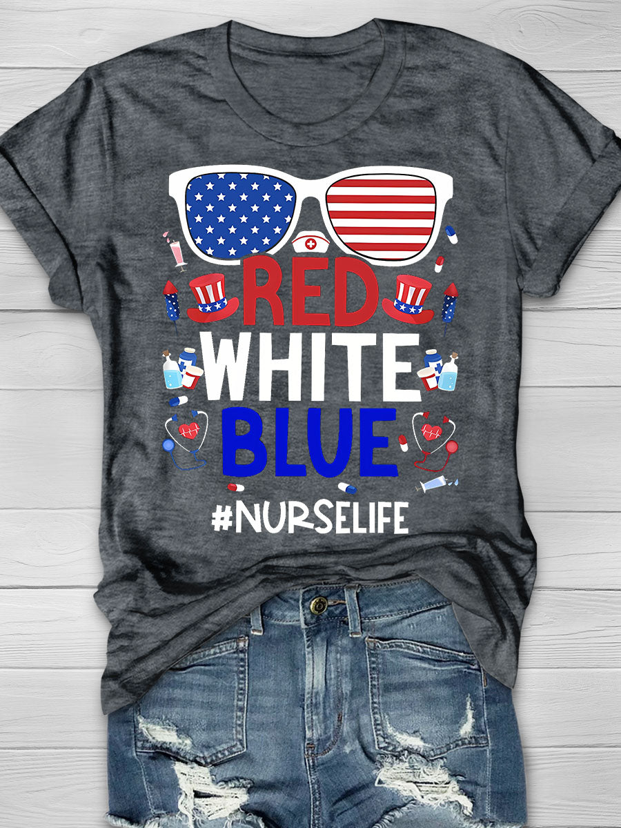 America Nurse Life Red White Blue Print Short Sleeve T-shirt