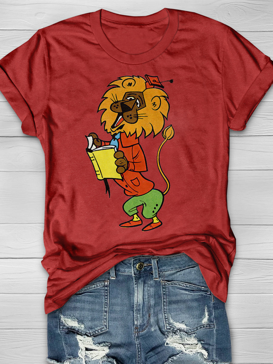 Lion Reading a Book Print Graphic T-shirts