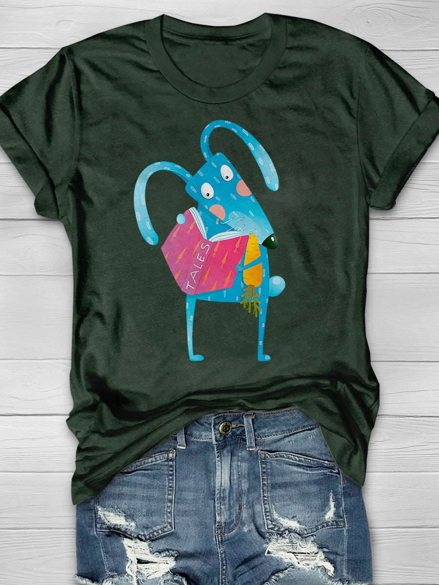 Cartoon Blue Bunny Reading Book Eating Print Graphic T-shirts