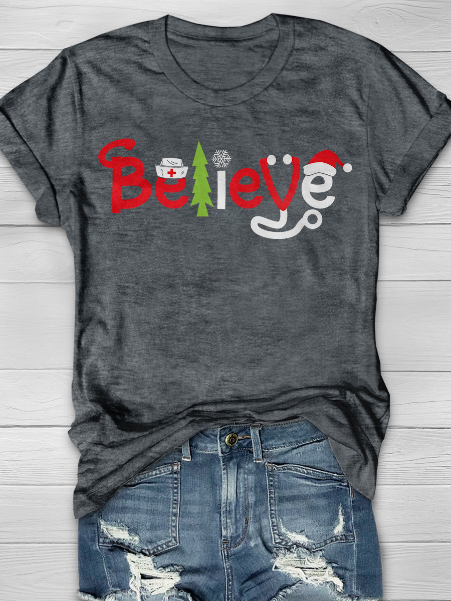 Christmas Nurse Believe Print Short Sleeve T-shirt