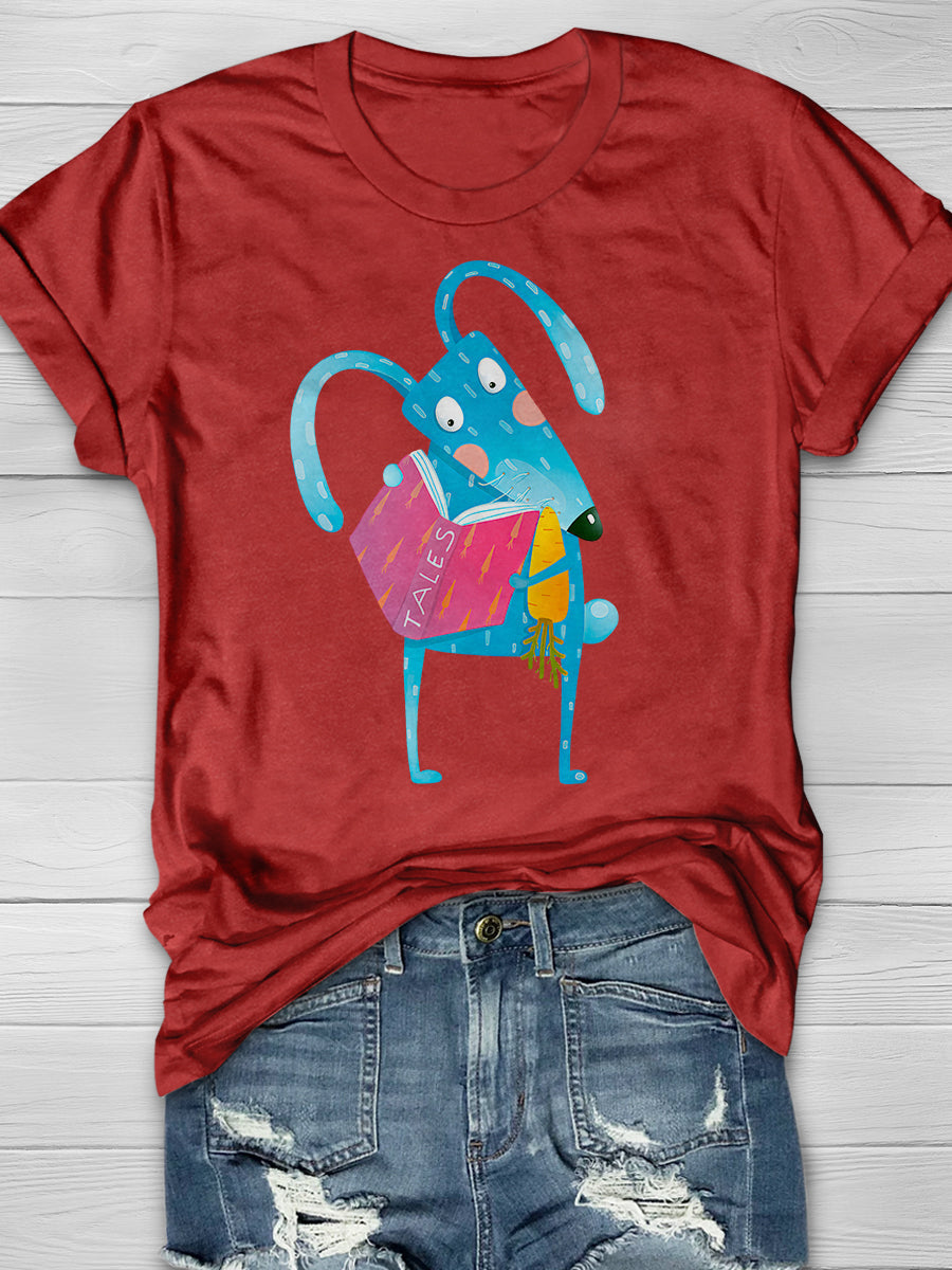 Cartoon Blue Bunny Reading Book Eating Print Graphic T-shirts