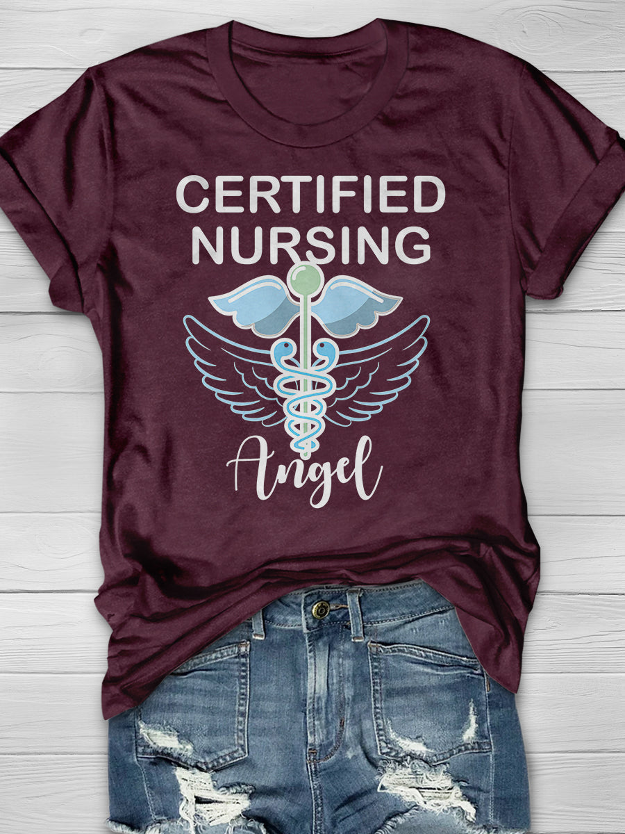 Certified Nursing Angel Print Short Sleeve T-shirt