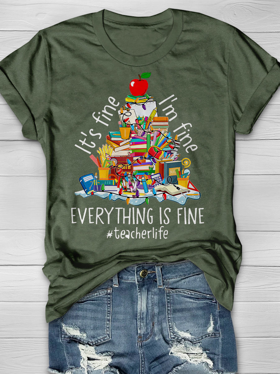 Everything Is Fine Teacher Christmas Tree Print Graphic T-shirts