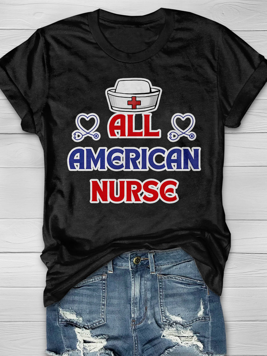 American Patriotic Nurse Print Short Sleeve T-shirt