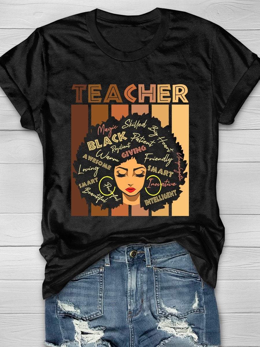 Black Smart Teacher Print Graphic T-shirts