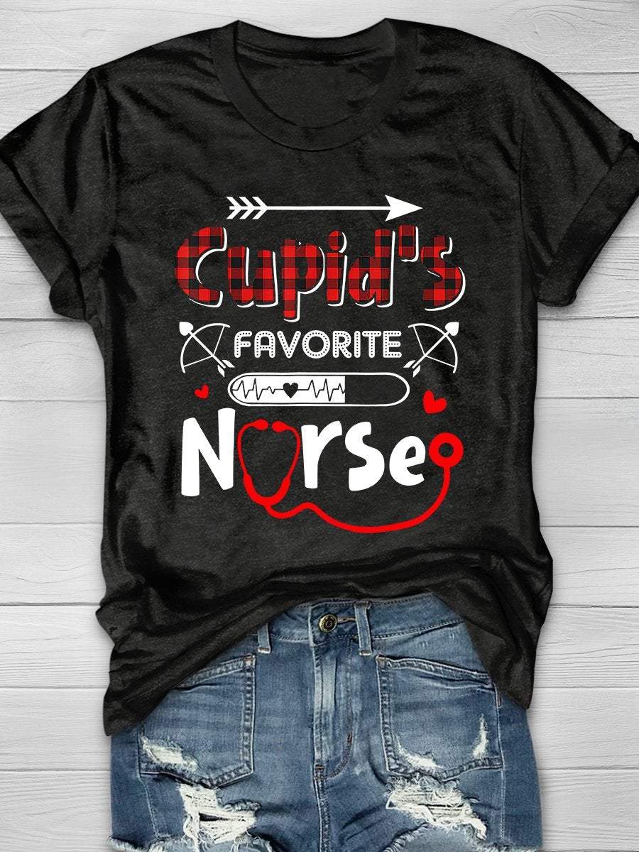 Cupid's Favorite Nurse Print Short Sleeve T-shirt