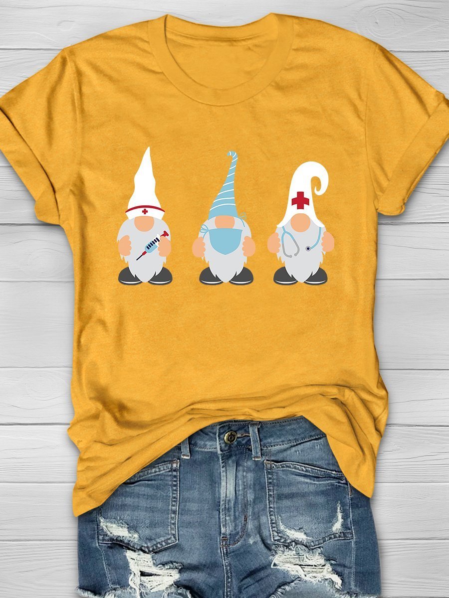 Gnomes Nurse Print Short Sleeve T-shirt