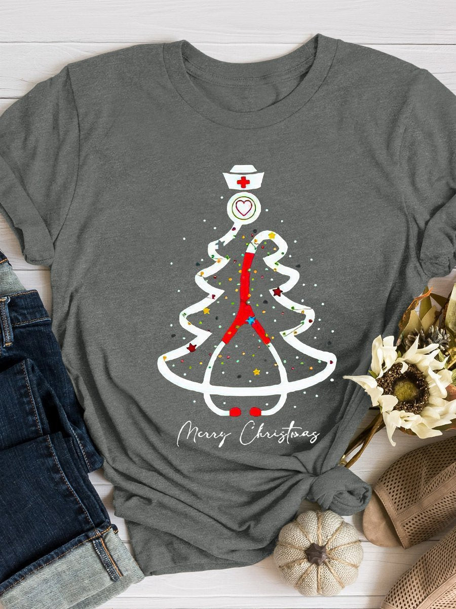 Christmas Nurse Print Short Sleeve T-shirt
