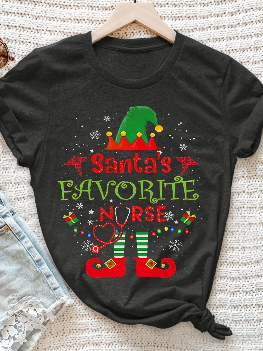 Santa's Favorite Nurse Print Short Sleeve T-shirt