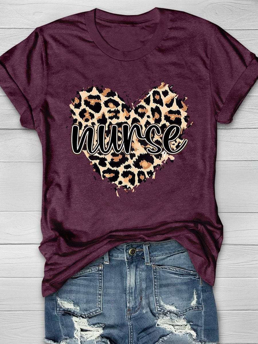 Nurse Heart Leopard Print Short Sleeve T-shirt