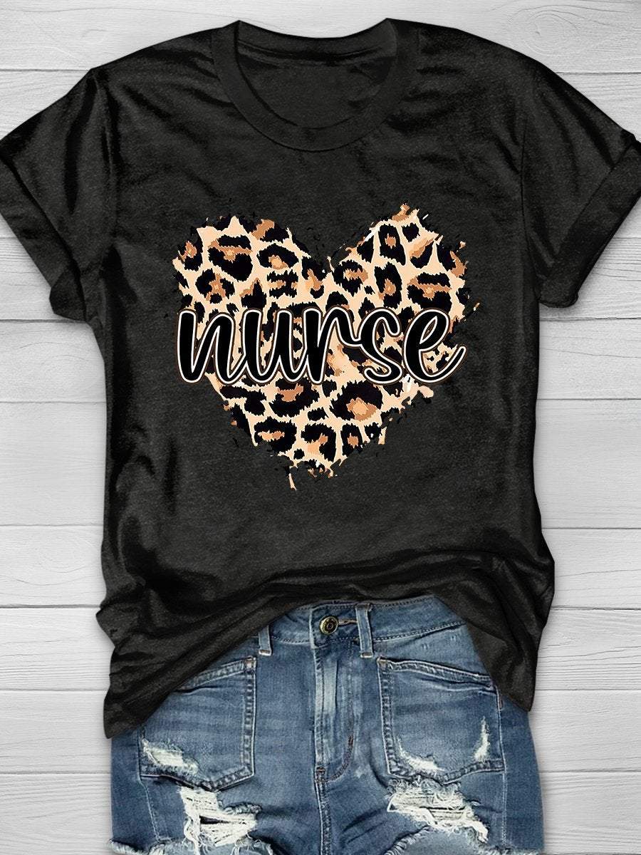 Nurse Heart Leopard Print Short Sleeve T-shirt
