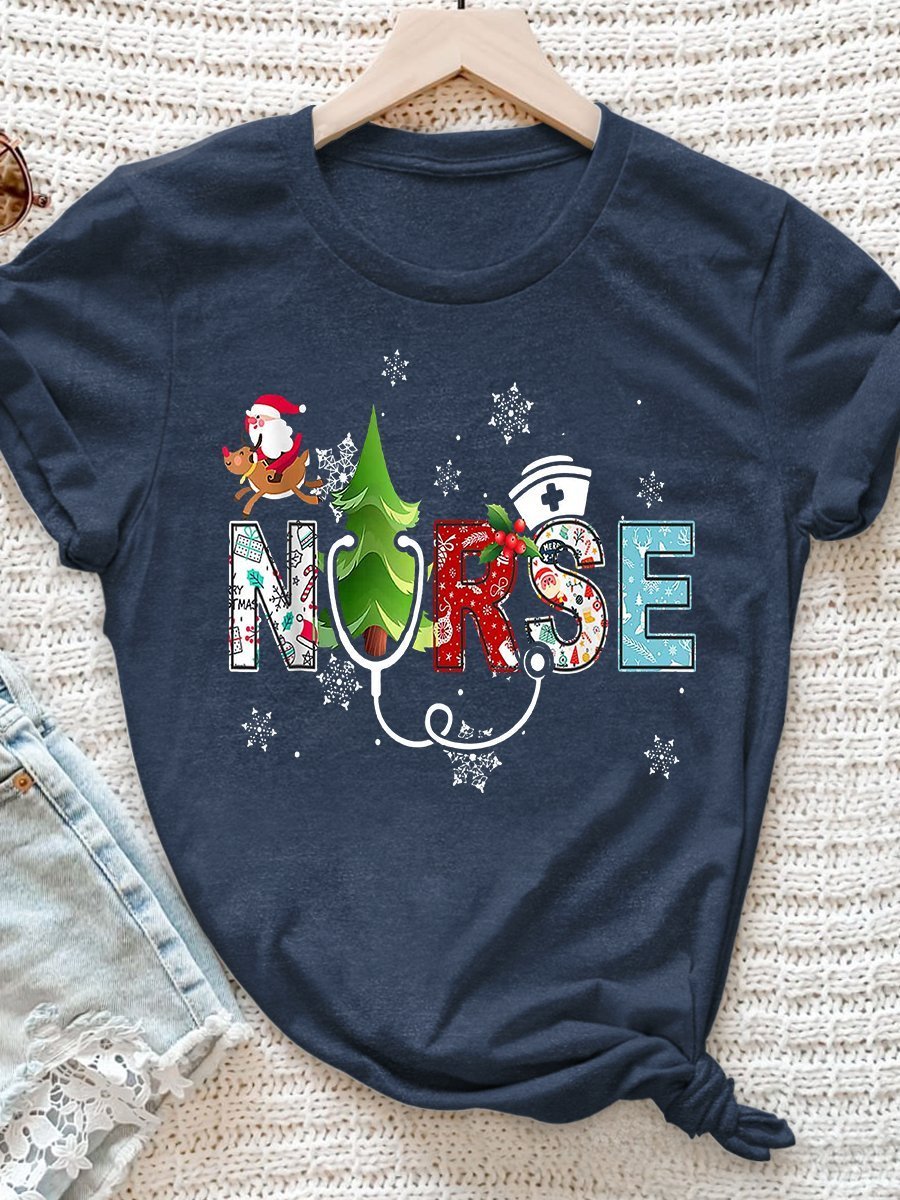 Christmas Nurse Print Short Sleeve T-shirt