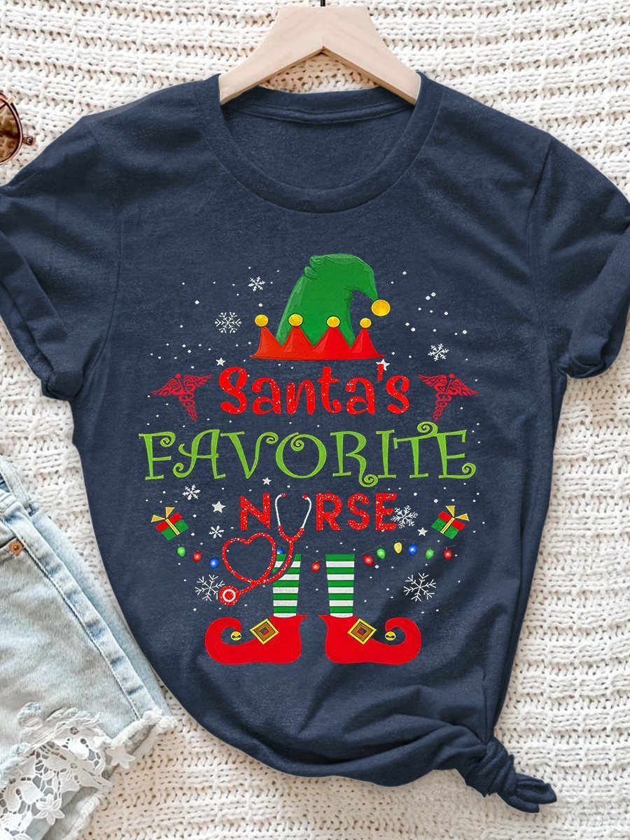 Santa's Favorite Nurse Print Short Sleeve T-shirt