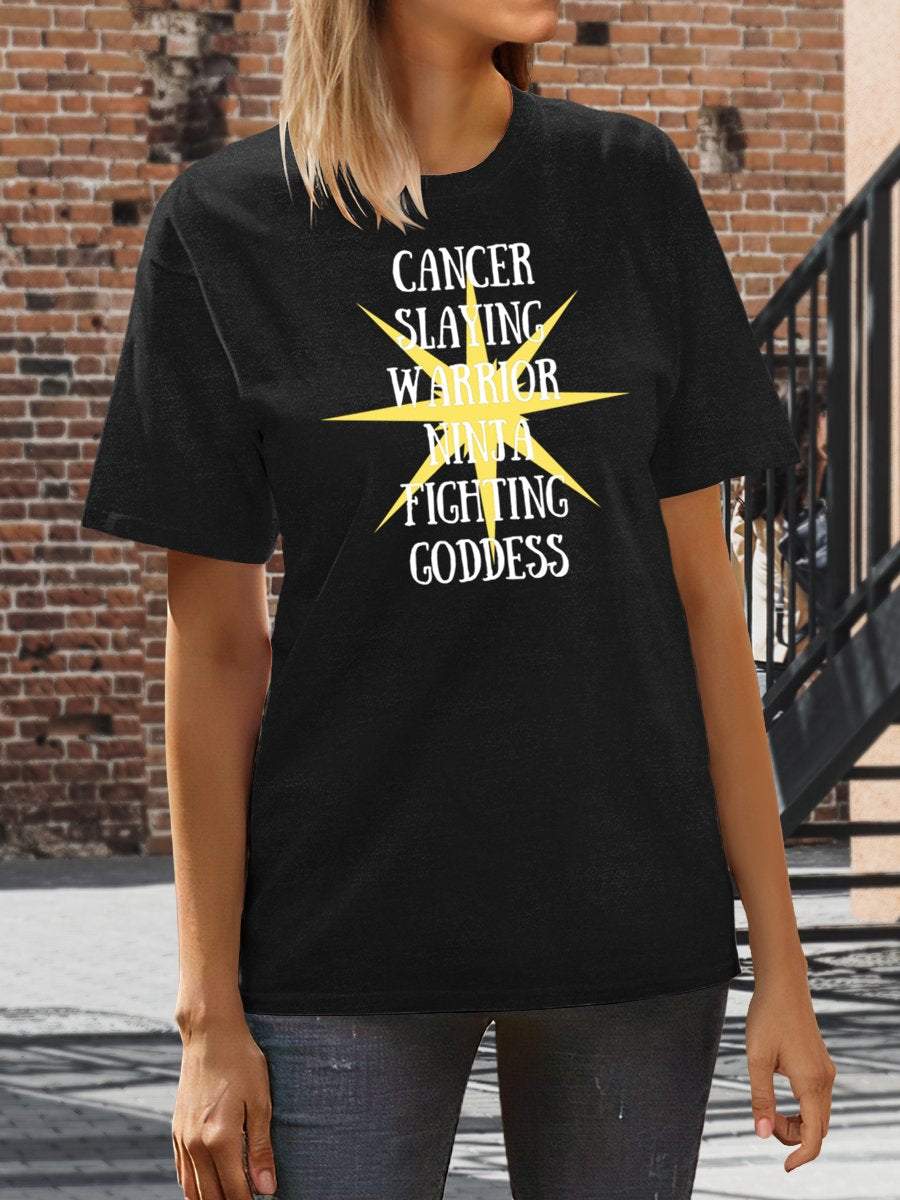 Cancer Slaying Warrior Ninja Fighting Goddess Cancer Awareness Funny Print Short Sleeve T-shirt