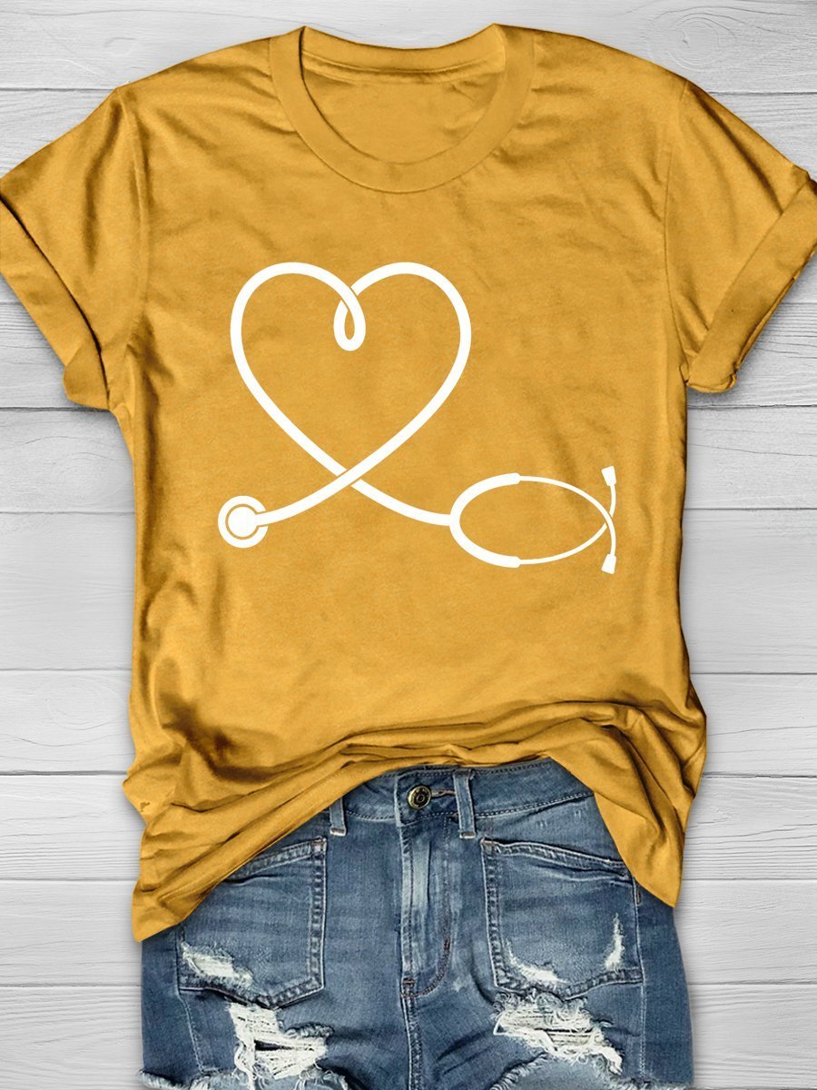 Nurse Stethoscope Love Print Short Sleeve T-shirt