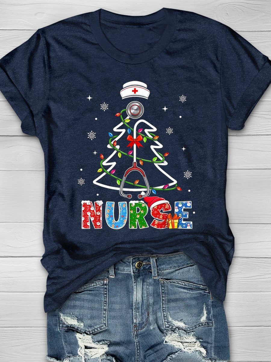 Christmas Nurse Print Short Sleeve T-shirt