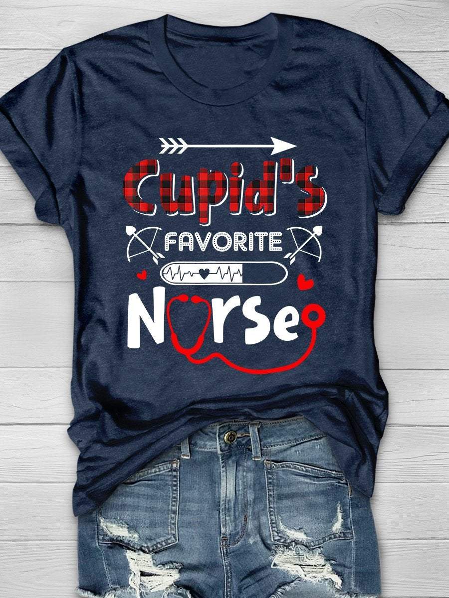 Cupid's Favorite Nurse Print Short Sleeve T-shirt
