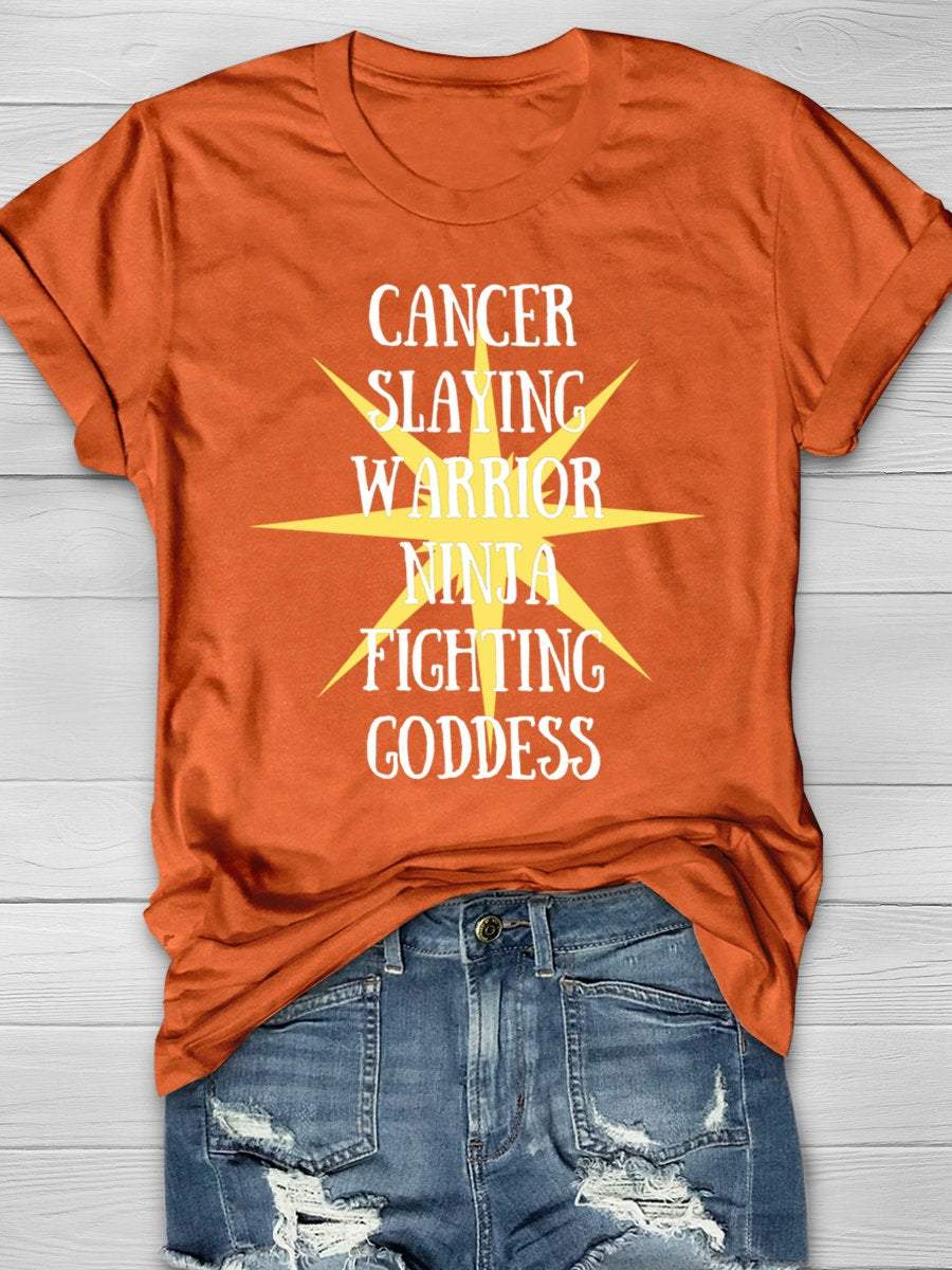 Cancer Slaying Warrior Ninja Fighting Goddess Cancer Awareness Funny Print Short Sleeve T-shirt