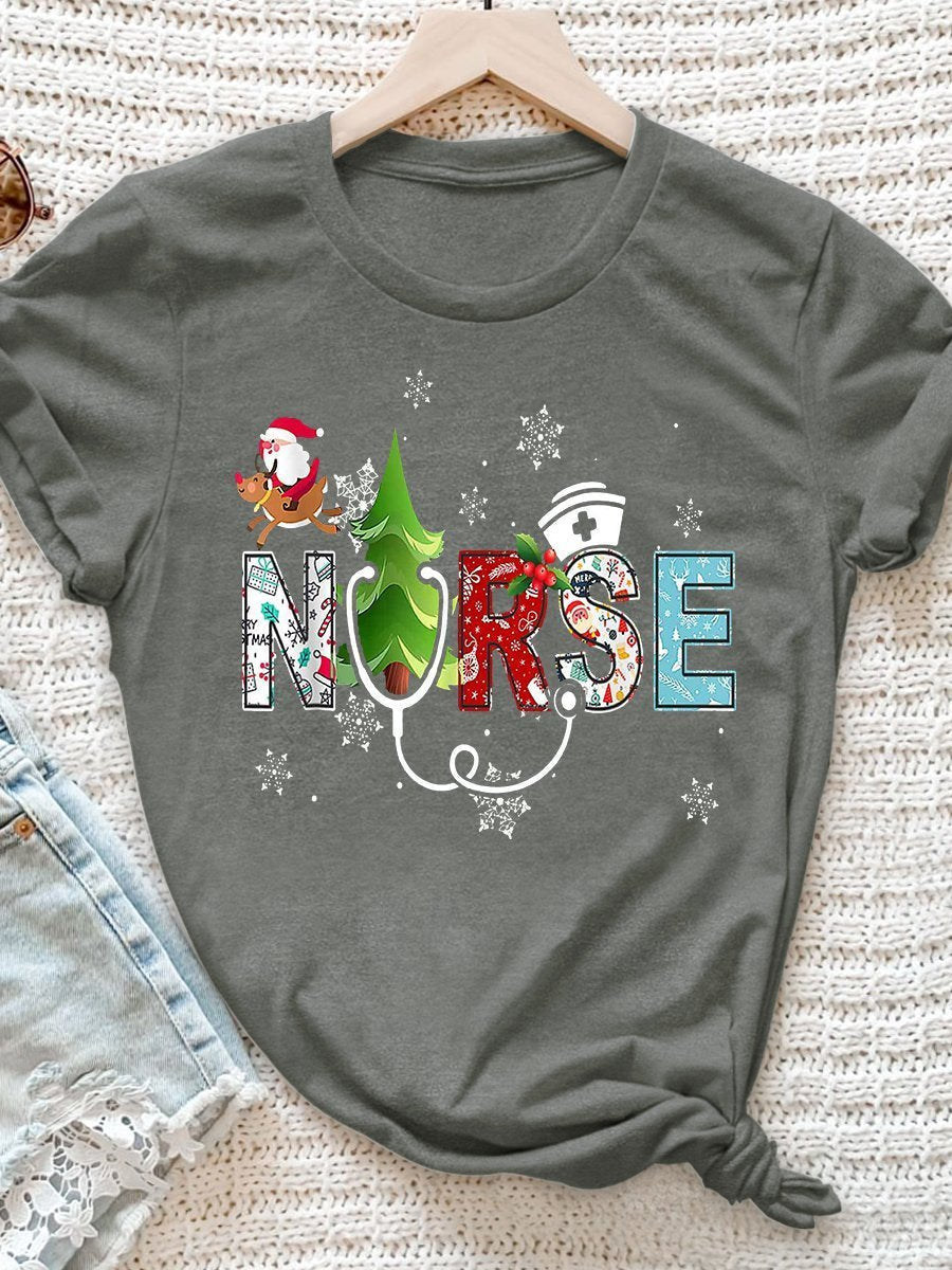 Christmas Nurse Print Short Sleeve T-shirt