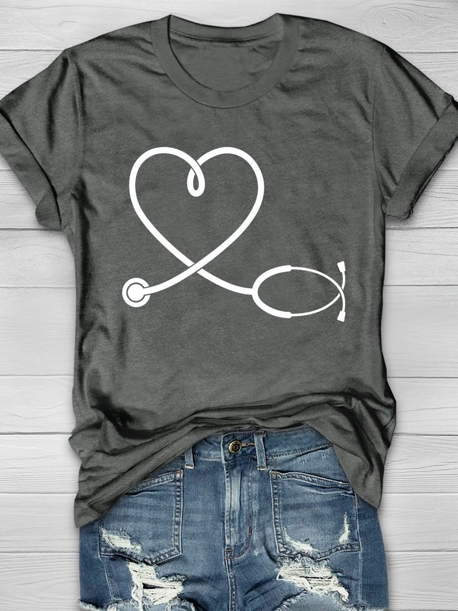 Nurse Stethoscope Love Print Short Sleeve T-shirt