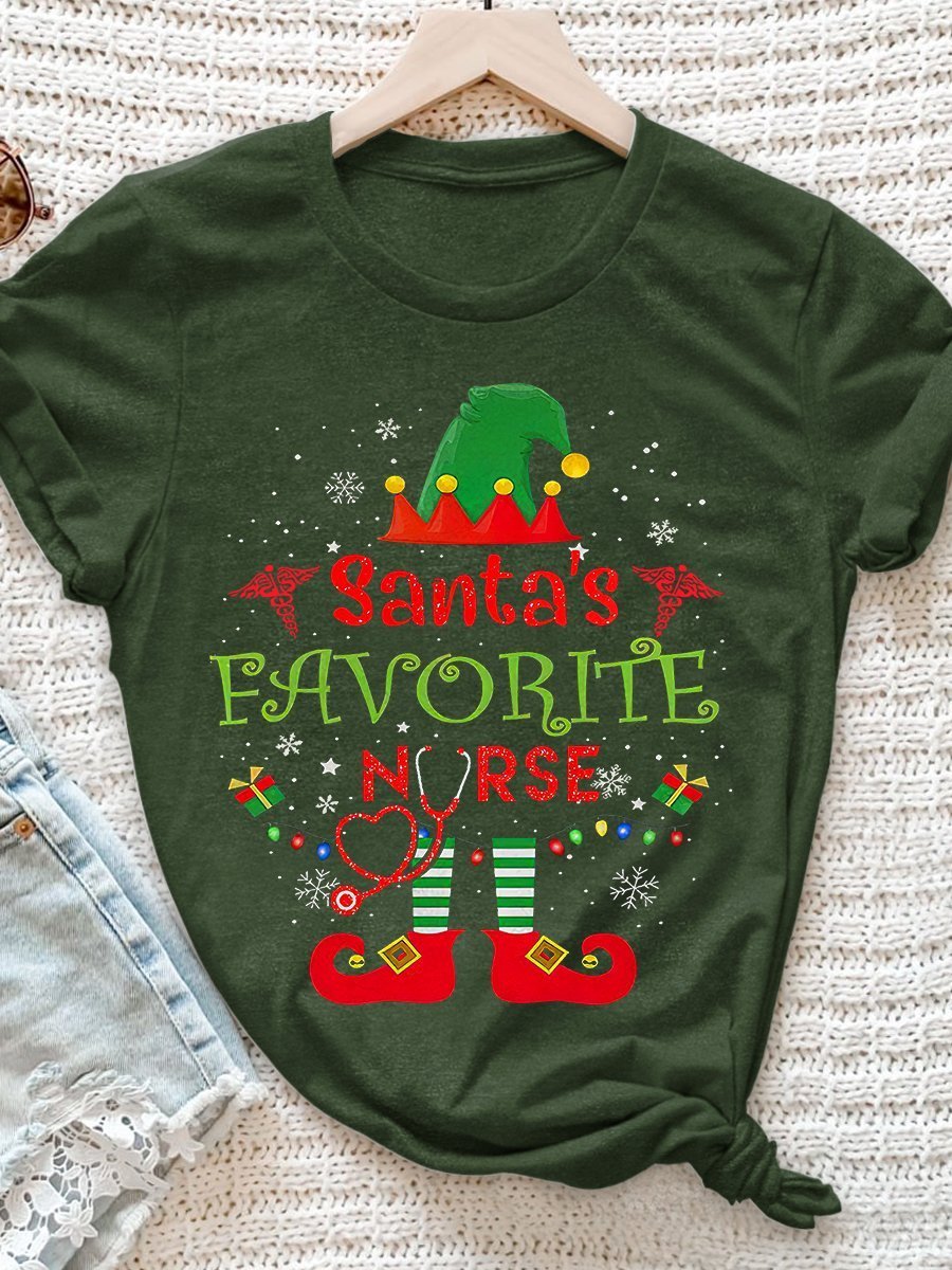 Santa's Favorite Nurse Print Short Sleeve T-shirt