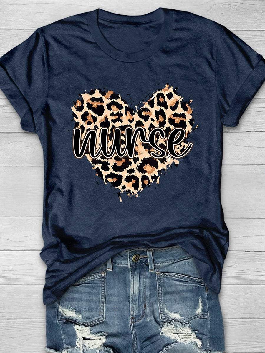 Nurse Heart Leopard Print Short Sleeve T-shirt
