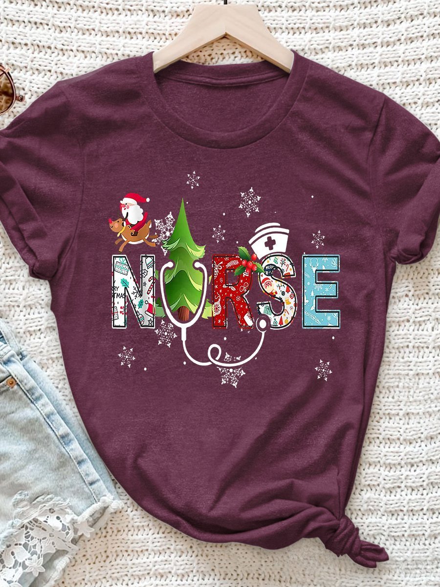 Christmas Nurse Print Short Sleeve T-shirt