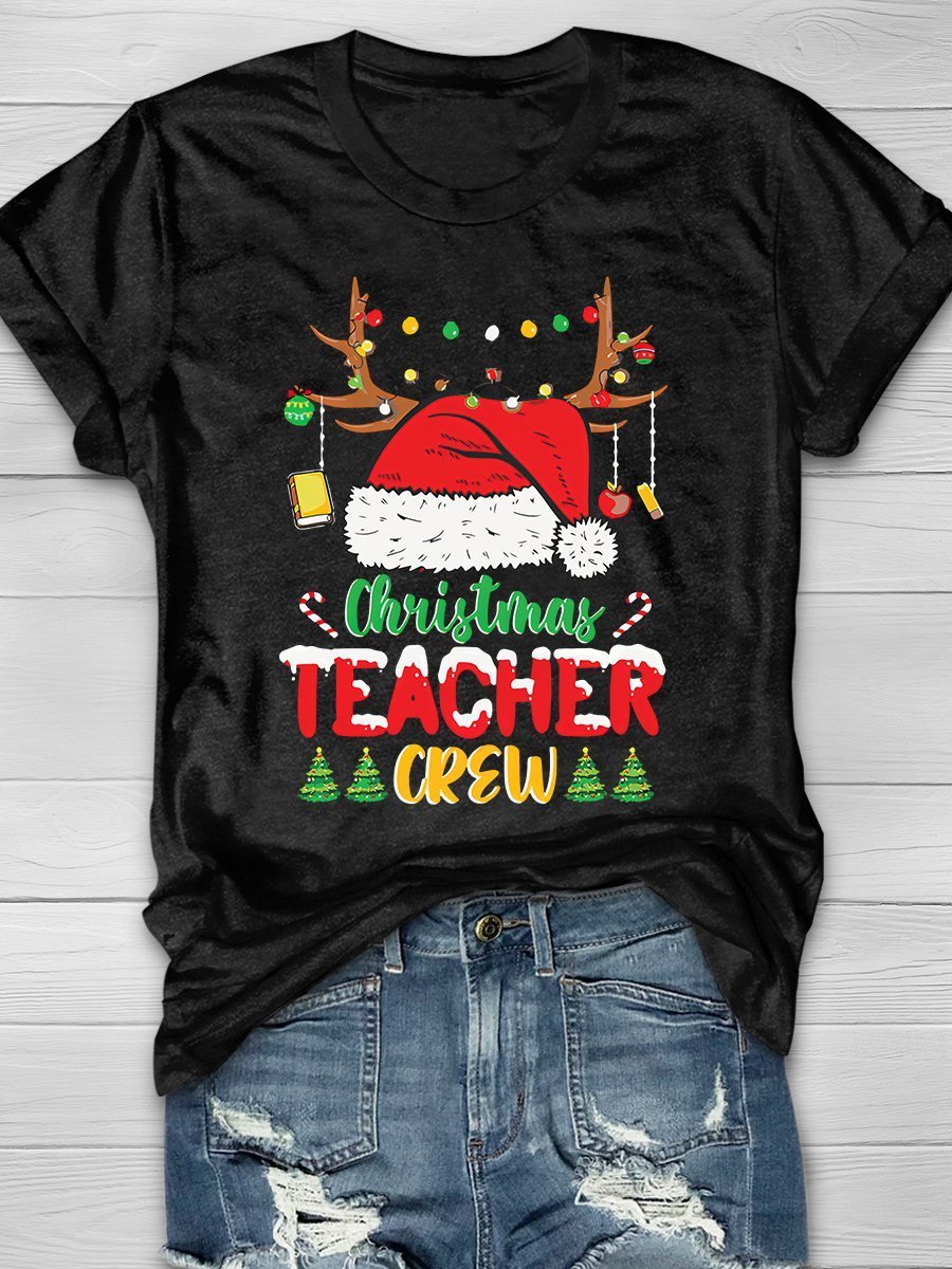 Christmas Teacher Crew Print Graphic T-shirts