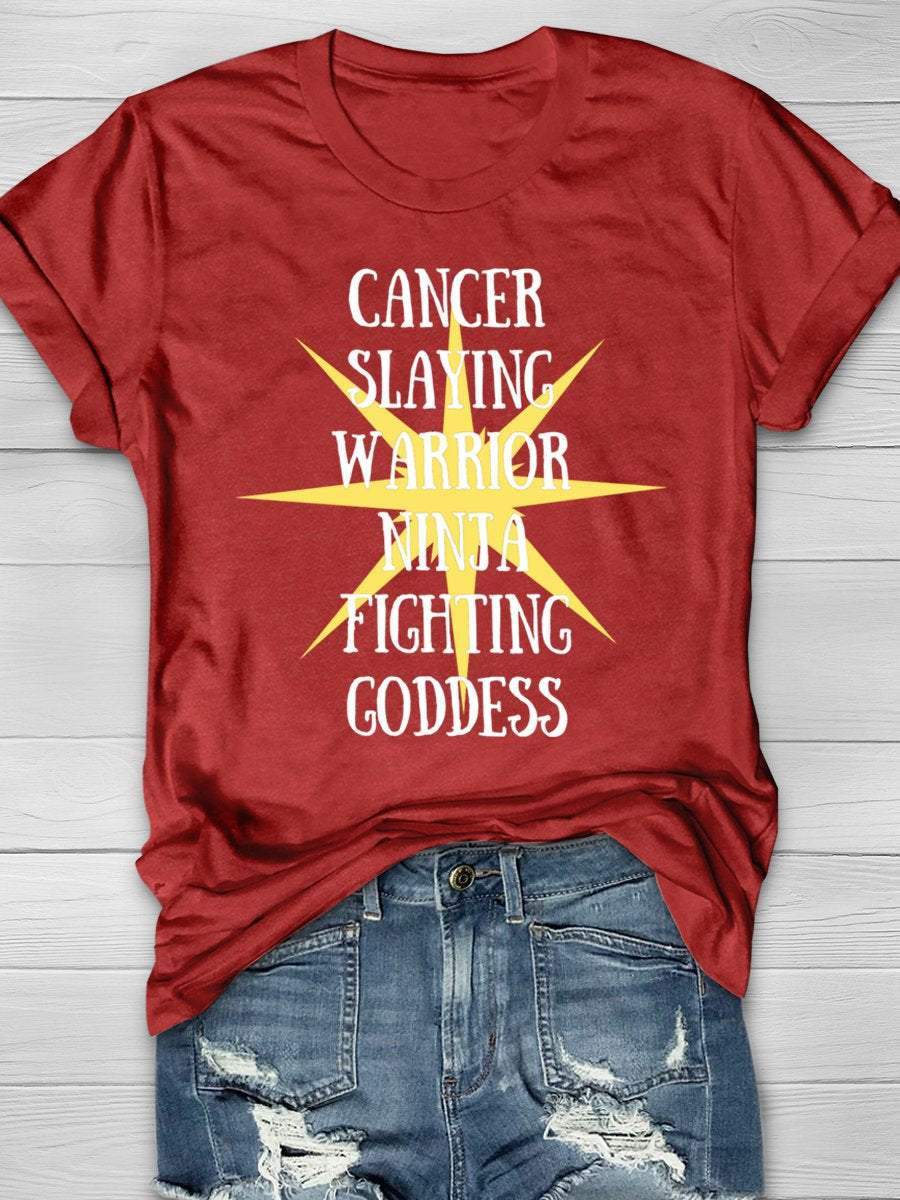 Cancer Slaying Warrior Ninja Fighting Goddess Cancer Awareness Funny Print Short Sleeve T-shirt