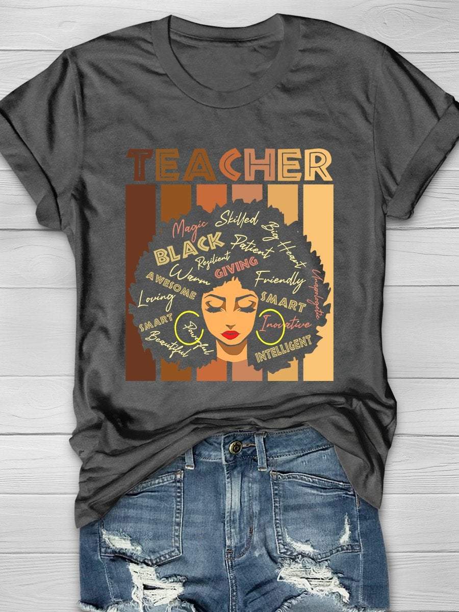 Black Smart Teacher Print Graphic T-shirts