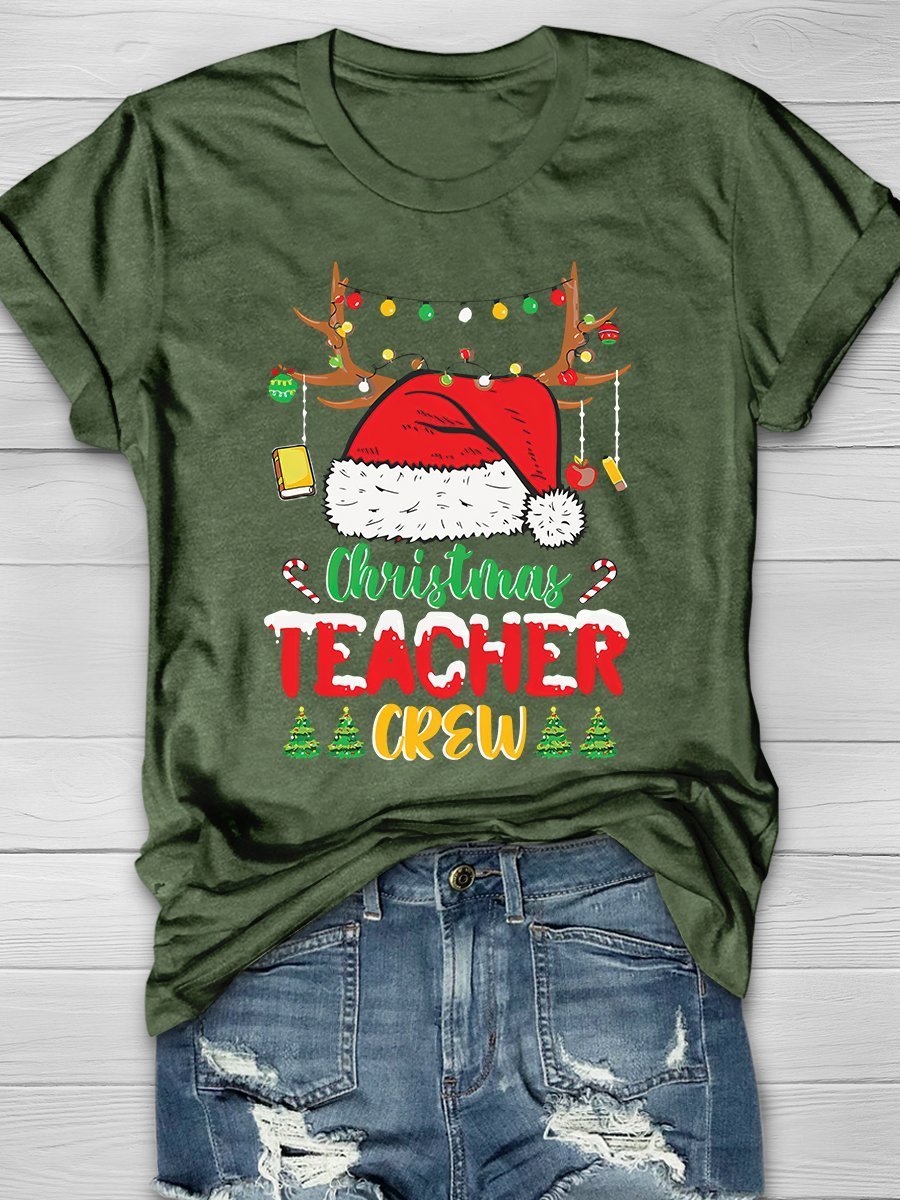 Christmas Teacher Crew Print Graphic T-shirts