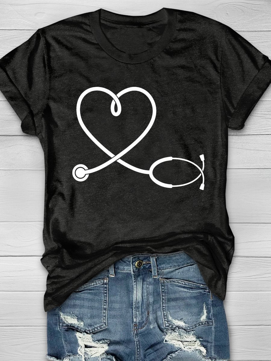 Nurse Stethoscope Love Print Short Sleeve T-shirt