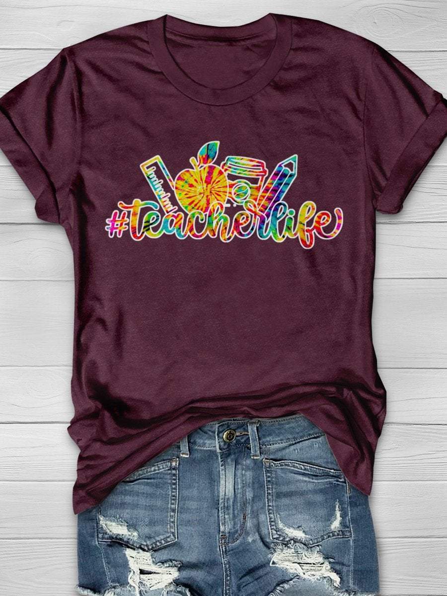 Teacher Life Tie Dye Print Graphic T-shirts