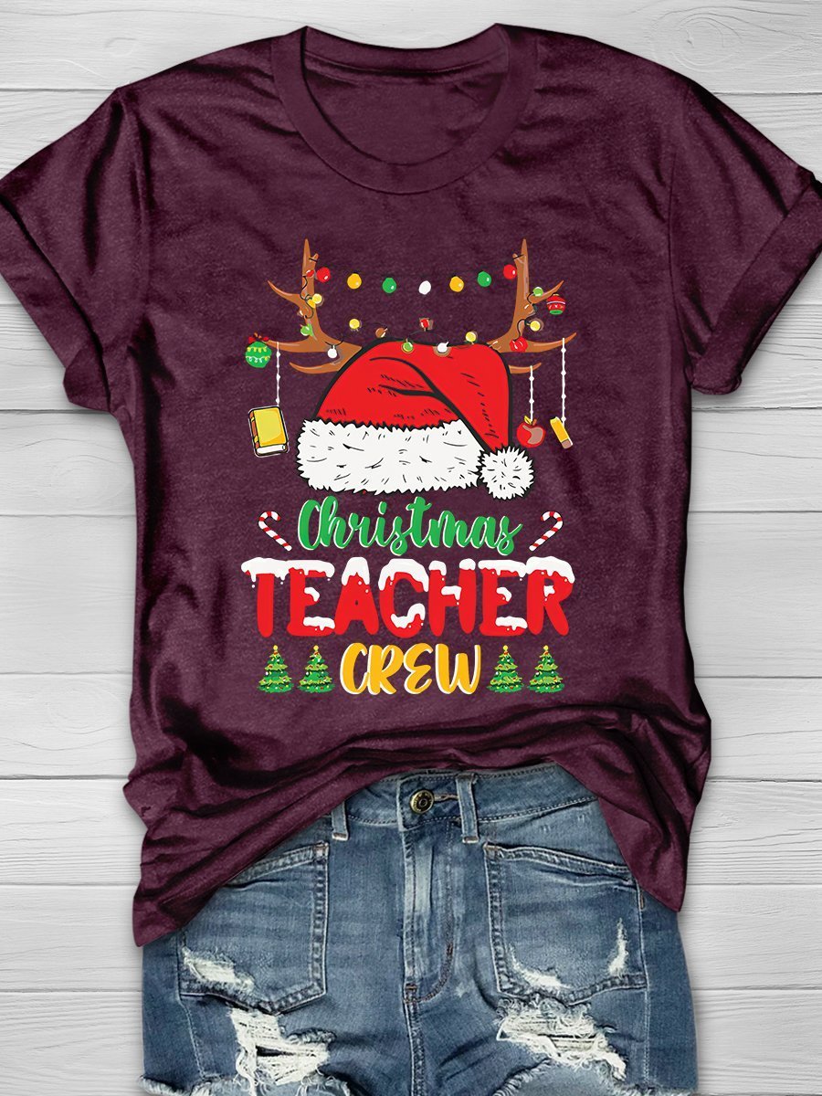 Christmas Teacher Crew Print Graphic T-shirts