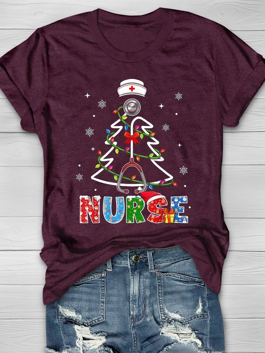 Christmas Nurse Print Short Sleeve T-shirt